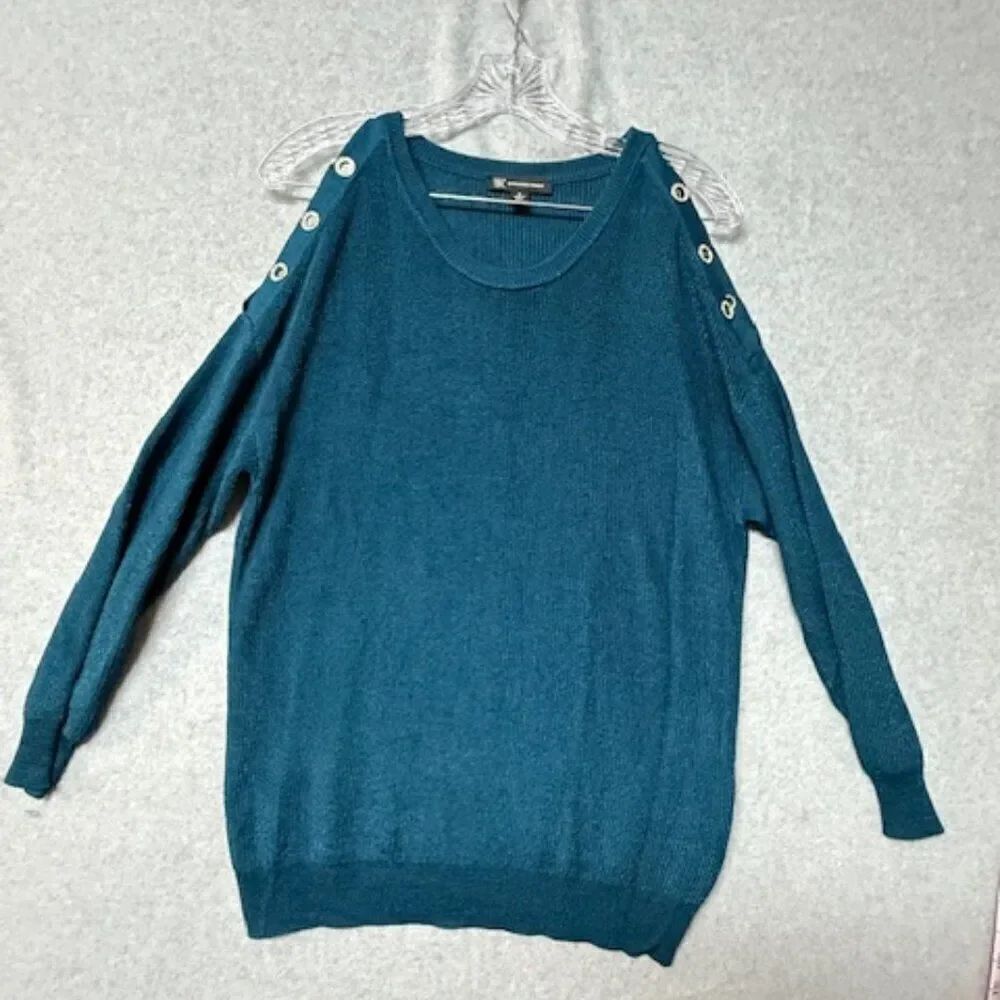 INC International Concepts Women's Grommet Cold Shoulder Sweater Green Size M